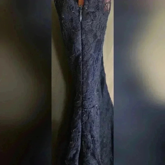 Women's/teen lace off the shoulder one strap Navy blue short dress with pockets. - Picture 4 of 8